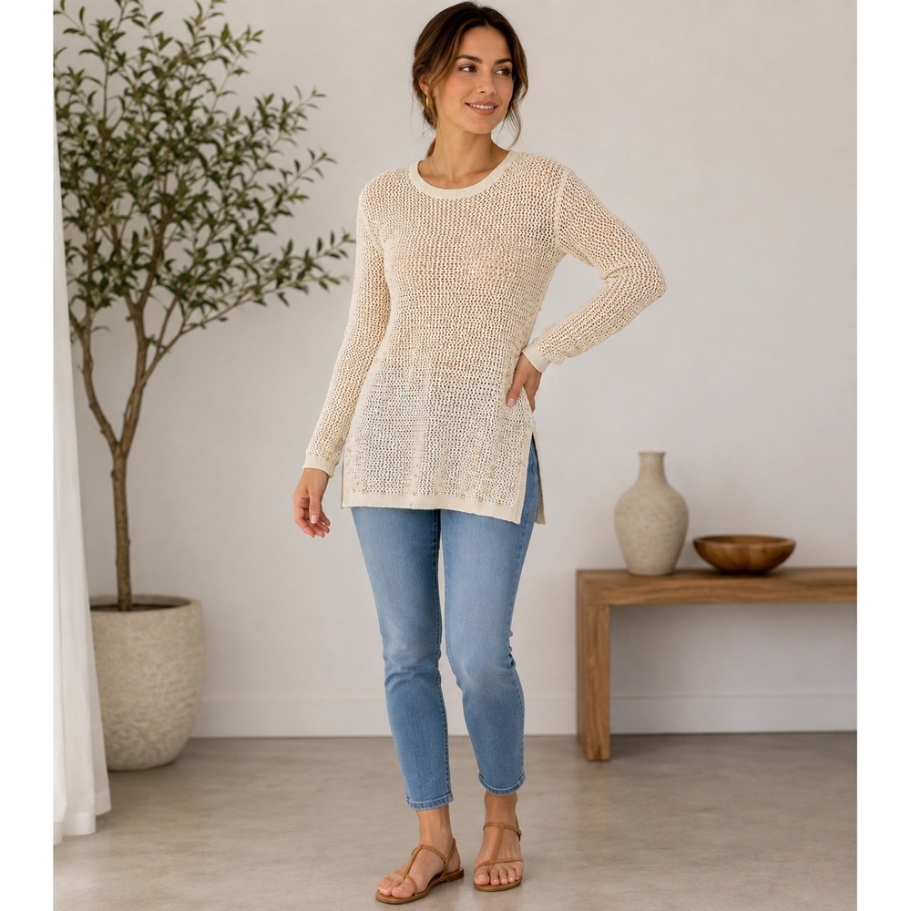 BALLINGER GOLD Cream Sequin Mesh Knit Tunic Sweater Top Women's